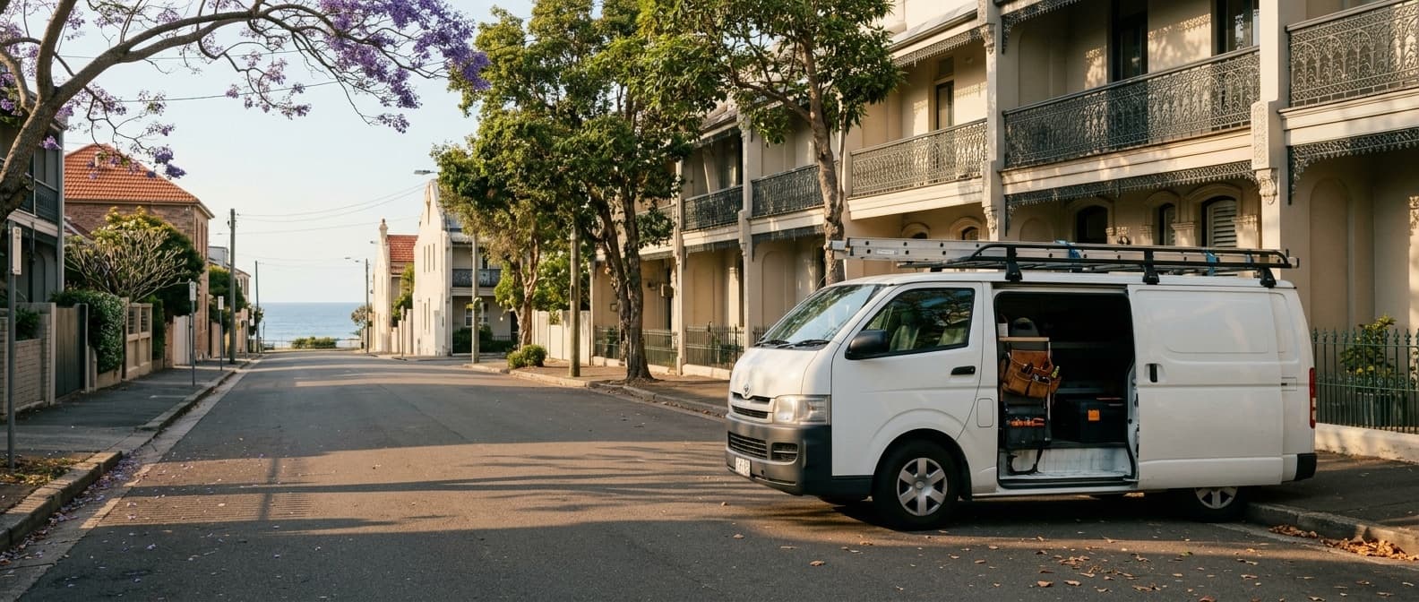 Handyman Bondi work van on a Wairoa Avenue Bondi street at golden hour