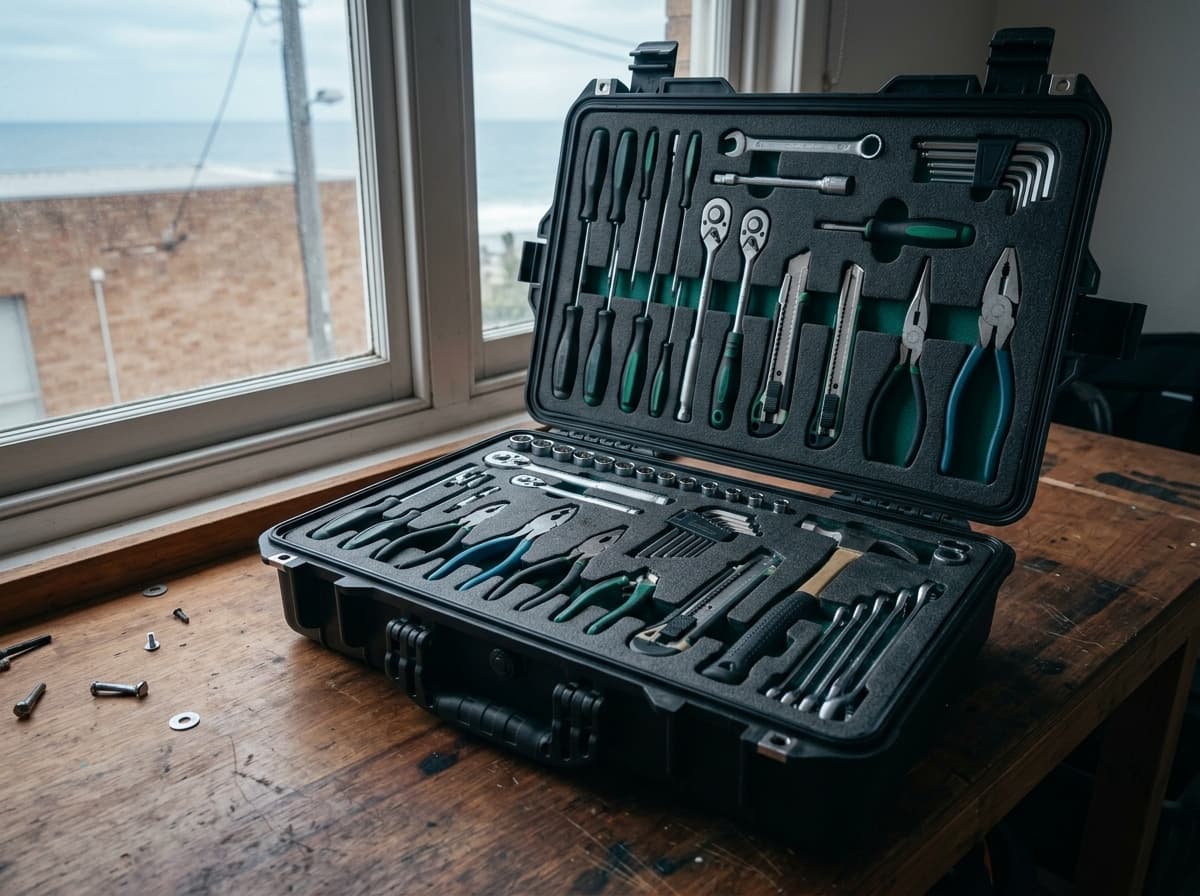 Open organised tool case on a Bondi-area workshop bench