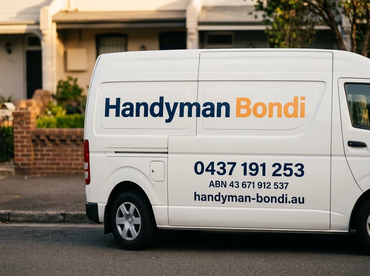Handyman Bondi work van side panel on a Bondi residential street